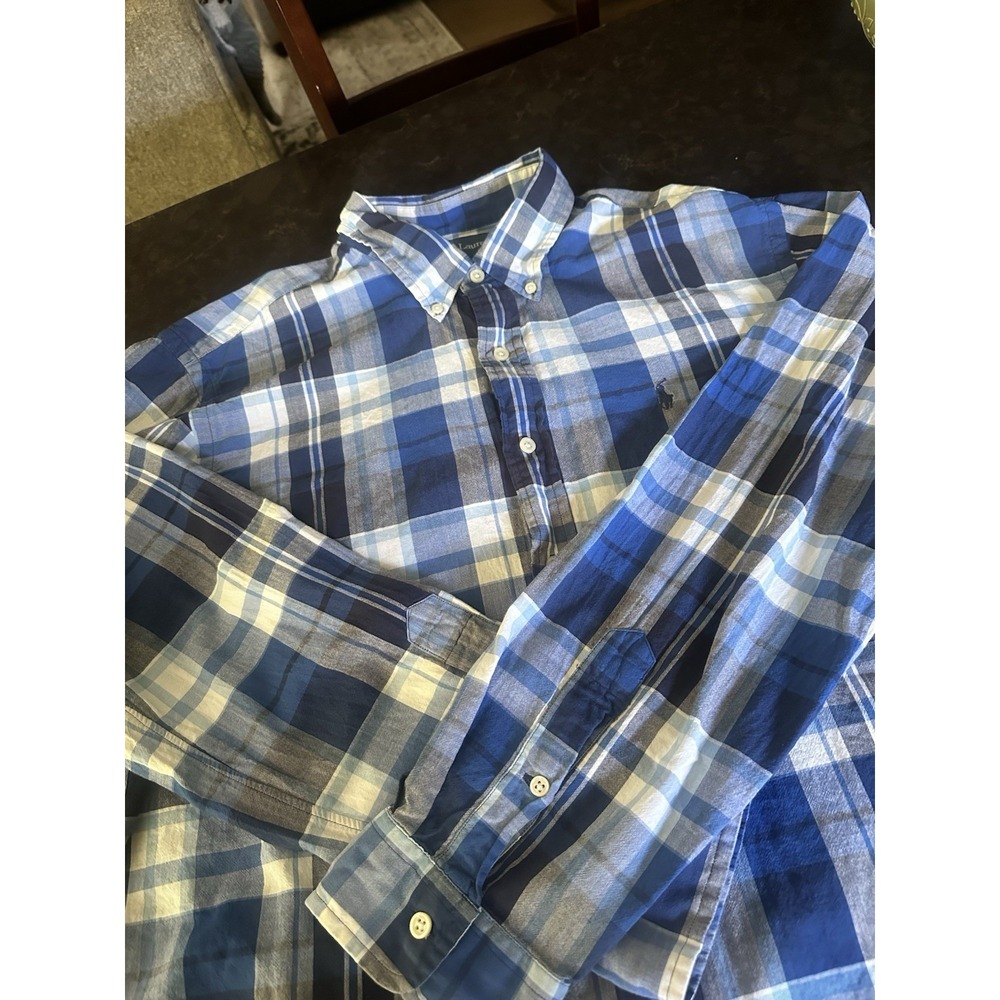 Polo Ralph Lauren Mens XL Custom Fit Blue Plaid Cotton Button Down Shirt